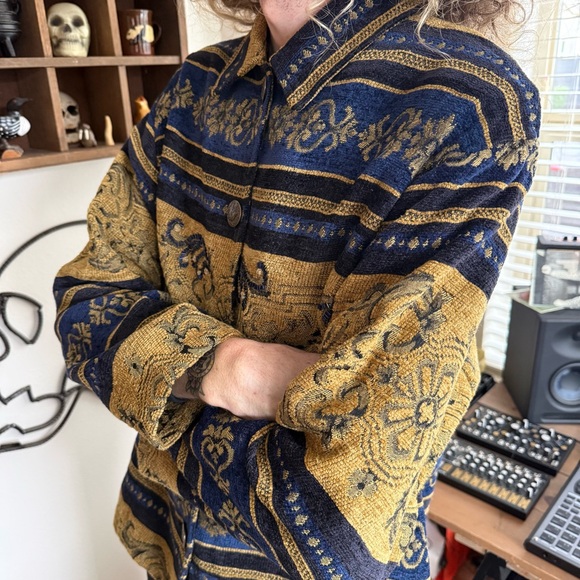 Vintage 90s Gold & Blue Ornate AOP Beaded Tapestry Jacket Tantrums ~ XL - Picture 4 of 7